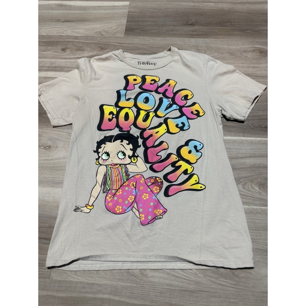Betty Boop Peace Love Equality Graphic T-Shirt off White Crew Neck Size S